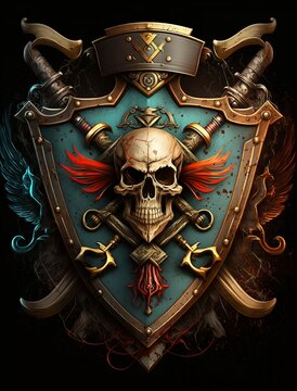 Skull and Crossbones Pirate Shield Coat of Arms Generative AI