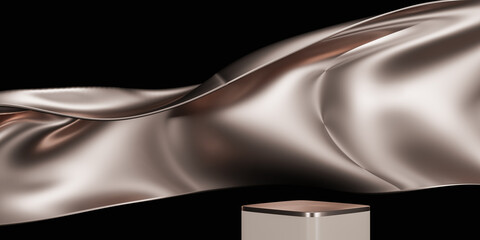 Silver color podium on silver fabric flying wave. Luxury background for branding and product presentation. 3d rendering illustration.