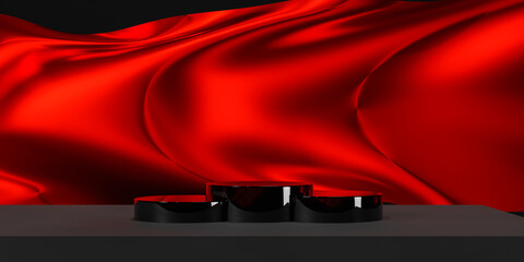 Red color podium on red fabric flying wave. Luxury background for branding and product...