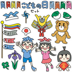 こどもの日をイメージした子供たちやこいのぼりなどのシール風カラーイラストセット