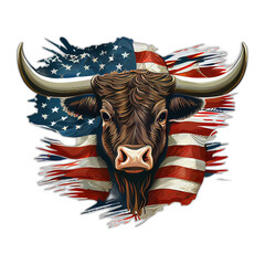 American patriot Bull cow, buffalo, artwork, illustration, vector, graphic. America patriotism art tshirt design, t-shirt, by generative AI