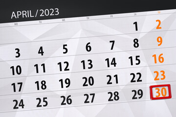 Obraz premium Calendar 2023, deadline, day, month, page, organizer, date, april, sunday, number 30