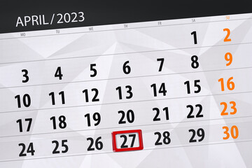 Calendar 2023, deadline, day, month, page, organizer, date, april, thursday, number 27