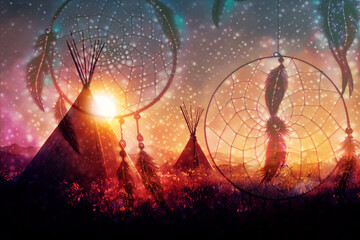 teepee indian tent standing in beautiful landscape and dreamcatcher. Digital art.