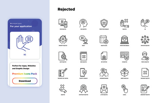 Rejected Thin Line Icons Set: Sync, Idea, Agreement, Calendar Date, Employee, Audit, Document Not Certified, Profile, Order Cancelled, Misunderstanding. Modern Vector Illustration.