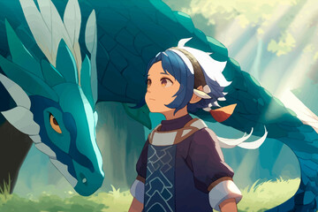 Boy in fantastic forest stands next to a dragon. Girl. Vector illustration in anime style. Cartoon drawing