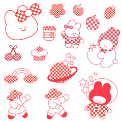 Set of cute bunny funny. Set of fruit Sweet rabbit. Set of cute boy and girl. Chess floor. Astronaut and star
