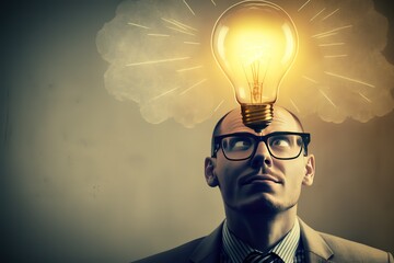 Unrecognizable businessman with illuminated light bulb, working on laptop at office, cropped, concept for idea, innovation and inspiration in business, business opportunities, AI generated