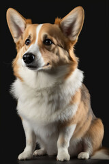 Un corgi, portrait de chien de race, sur fond noir façon studio photo, IA générative (2)