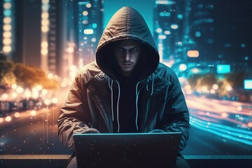 Unrecognizable businessman with illuminated light bulb, working on laptop at office, cropped, concept for idea, innovation and inspiration in business, business opportunities, AI generated