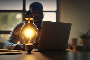 Unrecognizable businessman with illuminated light bulb, working on laptop at office, cropped, concept for idea, innovation and inspiration in business, business opportunities, AI generated