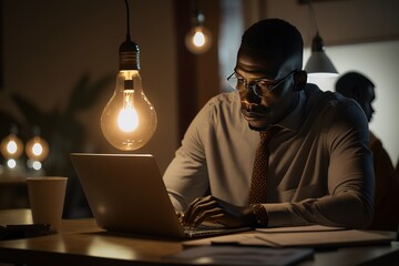 Unrecognizable businessman with illuminated light bulb, working on laptop at office, cropped, concept for idea, innovation and inspiration in business, business opportunities, AI generated
