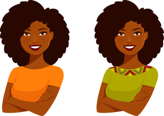 illustration of a happy African American woman, smiling with her arms crossed. Cartoon character.