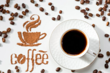 Hot drinks. The inscription "Coffee", coffee beans and a cup of coffee or tea is made of ground coffee on a white isolated background. Banner.