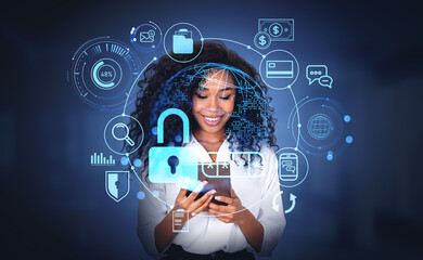 African businesswoman with tablet, cybersecurity hologram and da