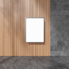 Office room interior with mockup blank frame on wooden wall