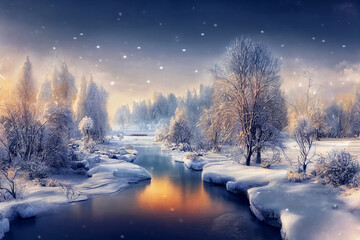 Winter landscape with the river. Digital art.