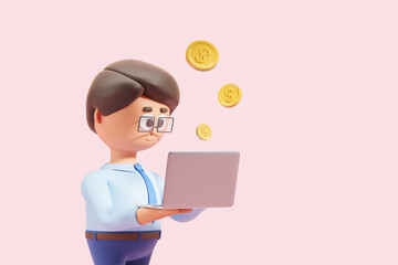 3d rendering. Cartoon man working with laptop on pink background