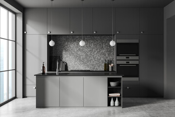 Gray mosaic kitchen interior with island