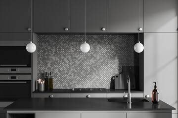 Grey kitchen interior with bar countertop and cooking area