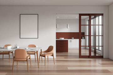 Fototapeta premium White kitchen interior with eating table and cooking area. Mockup frame
