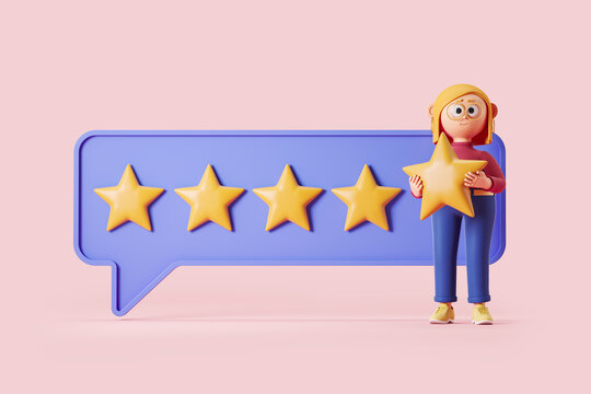3d rendering. Cartoon woman give fives star, review rating and good feedback