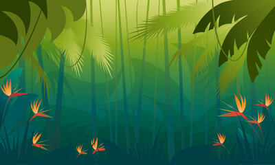 Jungle. Gradient background with palm branches, creepers and tropical flowers and plants.