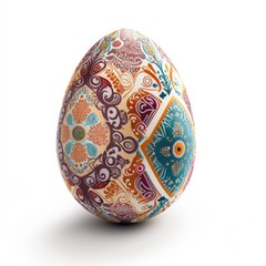 Decorated egg with intricate patterns and colors on a white background