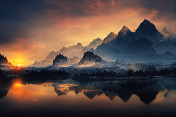 beautiful landscape with mountains and lake at sunset. Digital art.