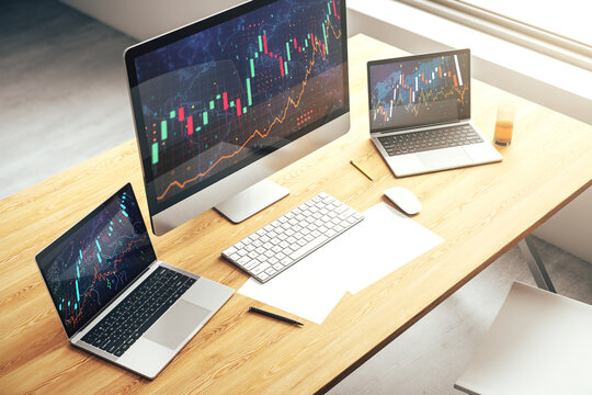 Abstract creative financial graph with world map on modern laptop monitor, forex and investment concept. 3D Rendering
