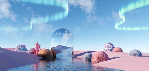 Zelfklevend Fotobehang 3d render Surreal pastel landscape background with geometric shapes, abstract fantastic desert dune in seasoning landscape with arches, panoramic, futuristic scene with copy space, blue sky and cloudy © TANATPON