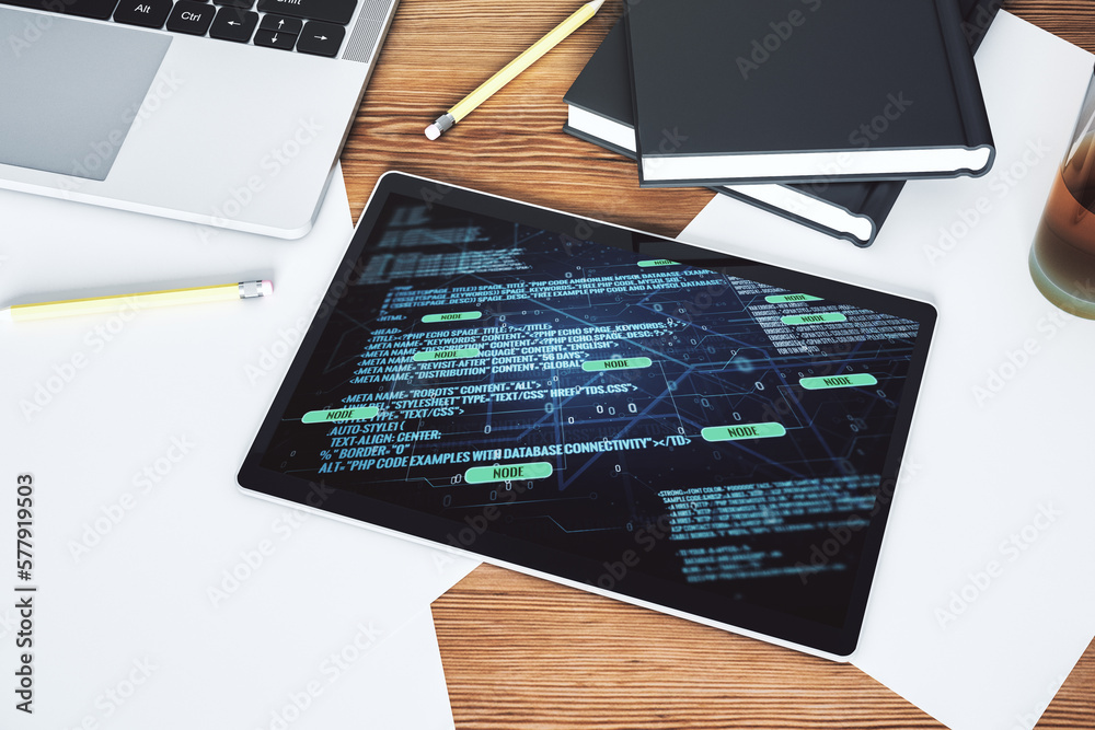 Leinwandbilder Top view of modern digital tablet display with abstract software development hologram, research and analytics concept. 3D Rendering