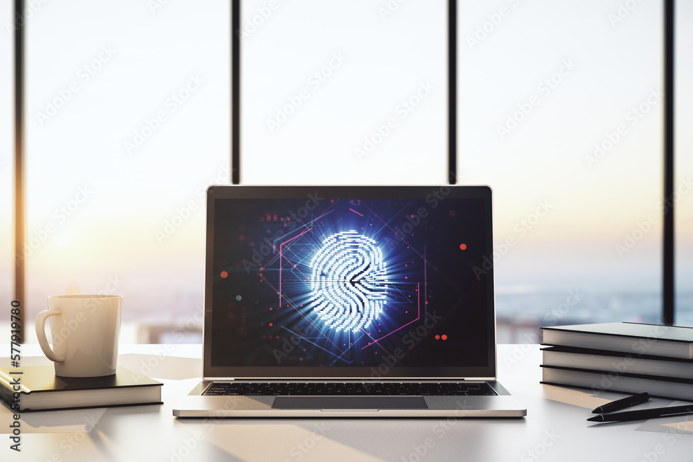 Poster Modern computer screen with creative fingerprint hologram, personal biometric data concept. 3D Rendering