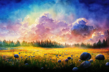 Glowing flowers, firebugs and mushrooms in the night forest. Watercolor painting.