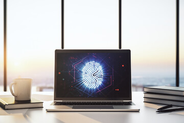 Modern computer screen with creative fingerprint hologram, personal biometric data concept. 3D Rendering
