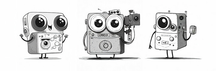 Vintage camera characters with minimalistic hand-drawn sketch on white background. Digital illustration created with Generative AI.