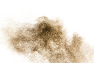 Brown particles splash on white background. Brown dust splatter.