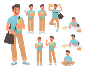 Happy student character set. A guy with books and a backpack in various poses and actions. The boy thinks, reads, jumps