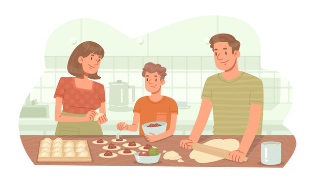 Happy family cooks food together. Dad, mom and son are cooking dumplings