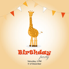 An invitation to a birthday party with a cartoon giraffe and orange flags. Vector illustration