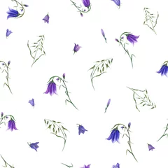 Stof per meter Vlinders Floral seamless pattern of bluebells, wild oats isolated on white background. Watercolor hand drawn illustration for poster, scrapbooking, invitations, prints, wallpaper, fabric, textile, wrapping.