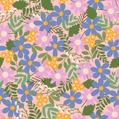 Many flowers seamless pattern. Overlapping pink and blue flowers, leaves on pink background. Cute floral allover print 