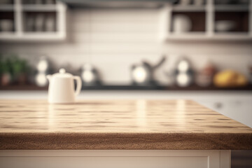 Fototapeta na wymiar Empty wooden kitchen table with blurred background Generative AI