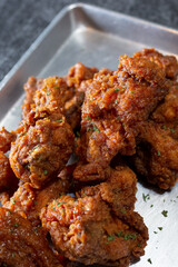A view of a tray of Korean fried chicken.