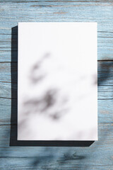 White canvas mockup, blank picture hanging on blue wooden wall with dark shadows of leaves. Poster mock up, empty canvas with flower shadows