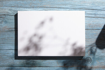 White canvas mockup, blank picture hanging on blue wooden wall with dark shadows of leaves. Poster mock up, empty canvas with flower shadows