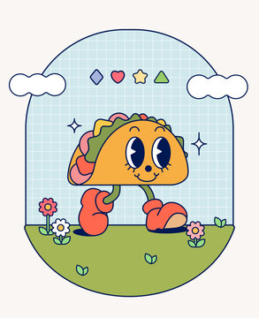 Hand draw Funny Retro vintage trendy style taco cartoon character Contemporary illustration Doodle Comic collection