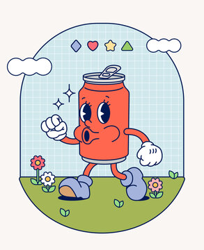 Hand draw Funny Retro vintage trendy soda can cartoon character Contemporary illustration Doodle Comic collection
