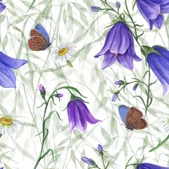 Floral seamless pattern of campanula, wild oats, flying blue butterflies. Watercolor hand drawn illustration for poster, scrapbooking, invitations, prints, wallpaper, fabric, textile, wrapping.