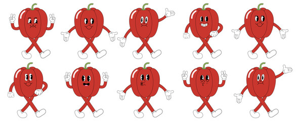 A Set of bell pepper cartoon groovy stickers with funny comic characters, gloved hands. Modern illustration with legs and arms.	
